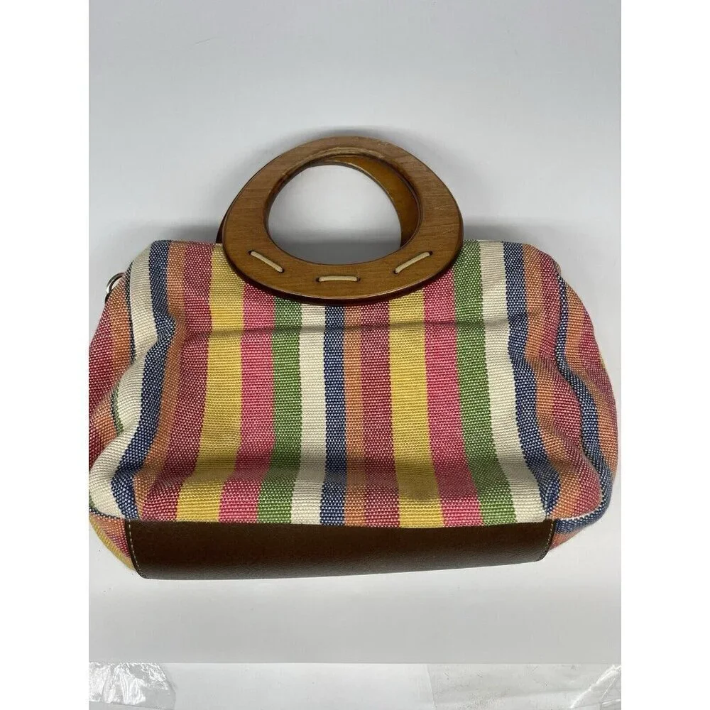 RELIC Wooden Handled Purse Pink, Tan and Orange‎ Stripes Coastal Bohemian Beach